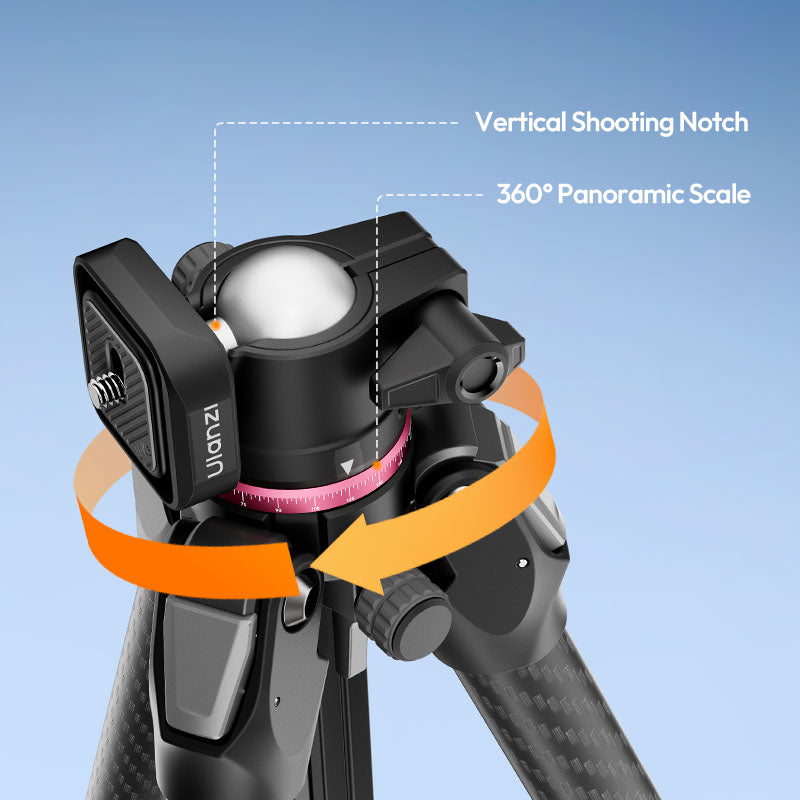 Close-up of Ulanzi TZ01 carbon fiber tripod head with 360-degree panoramic scale and vertical shooting notch