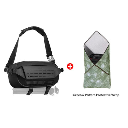 Ulanzi B122 Camera Sling Bag black with tripod holder and wrap. Green Protective Wrap.