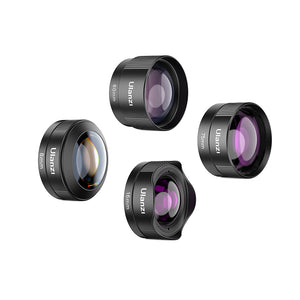 Ulanzi 4-in-1 Phone Lens Kit: macro, fisheye, wide-angle, telephoto lenses for smartphones.