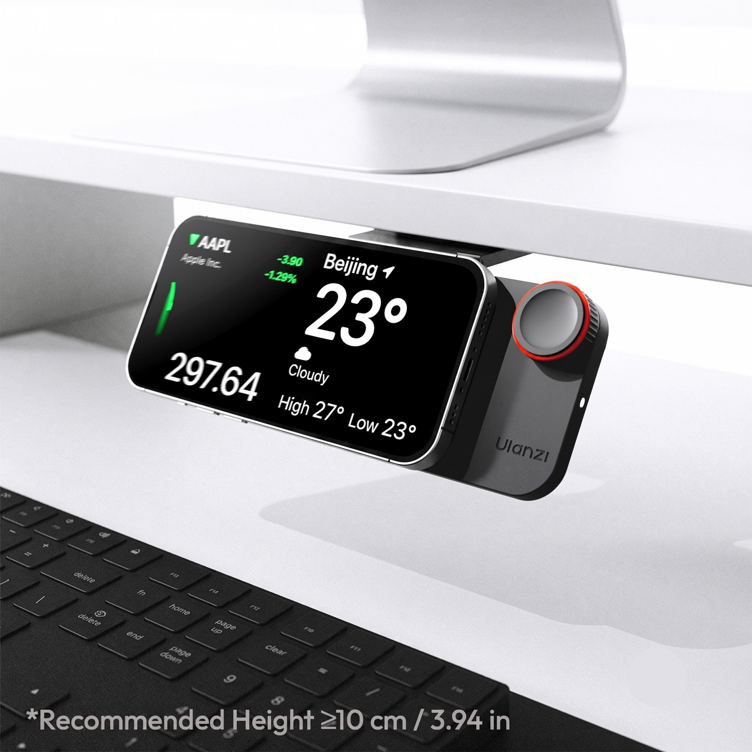 Ulanzi CW15 wireless charger mounted under a desk holding a smartphone in landscape mode