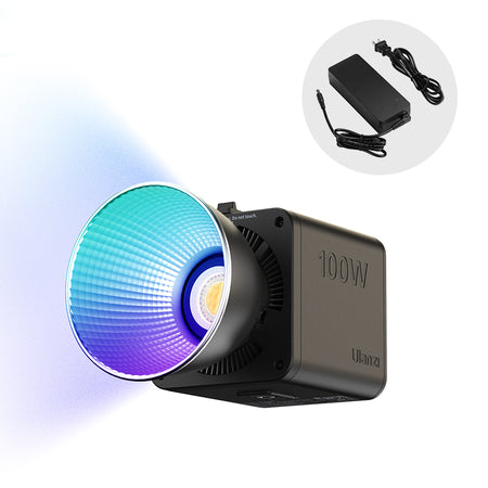 Ulanzi 100W COB video light, Bi-Color and RGB, with adapter for content creation.