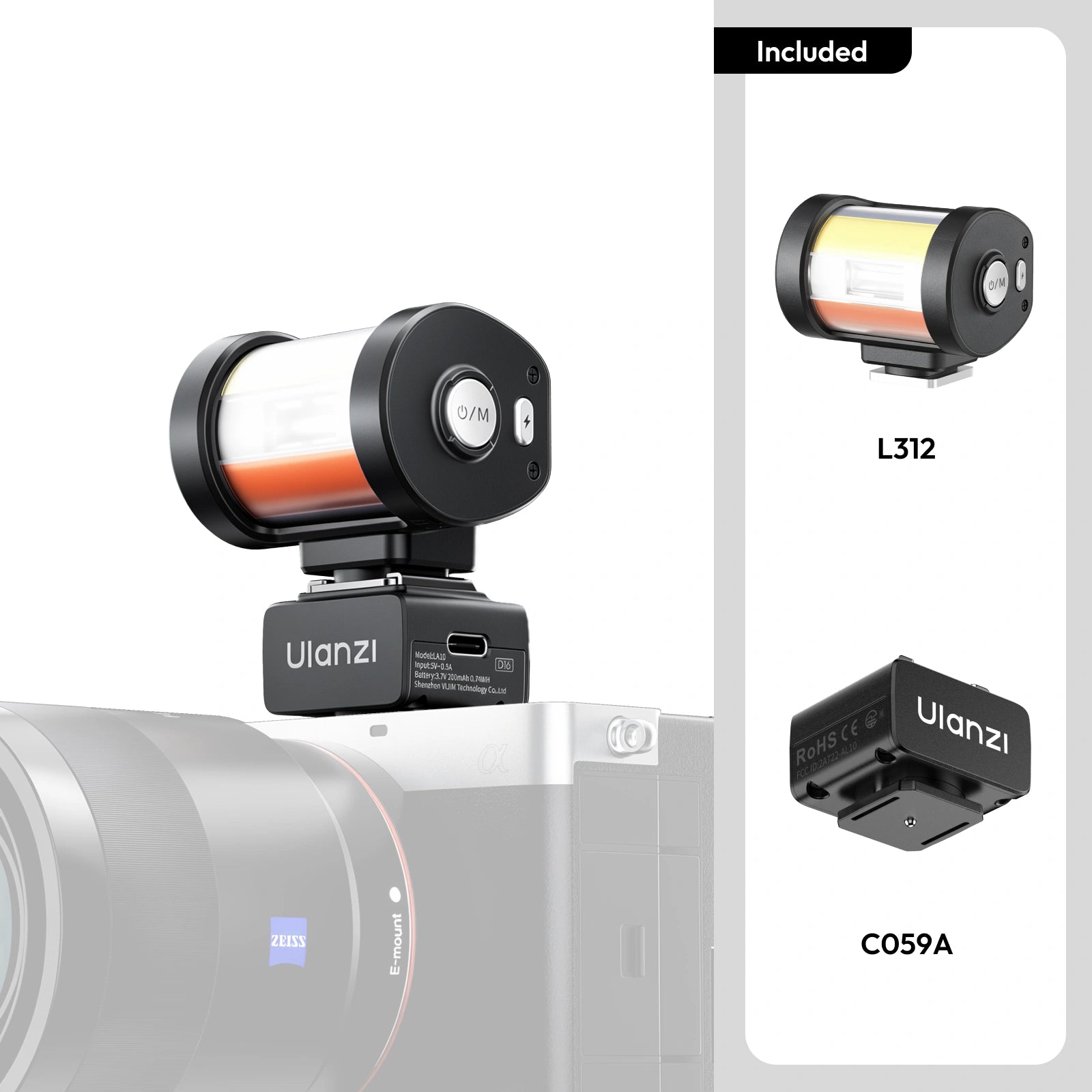 Ulanzi KL01 mini camera flash with built-in color filters mounted on a camera hot shoe