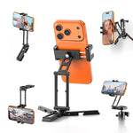 Ulanzi SK29 Uka foldable phone stand shown with a phone in various positions: freestanding, on a wall mount, and on a tripod.