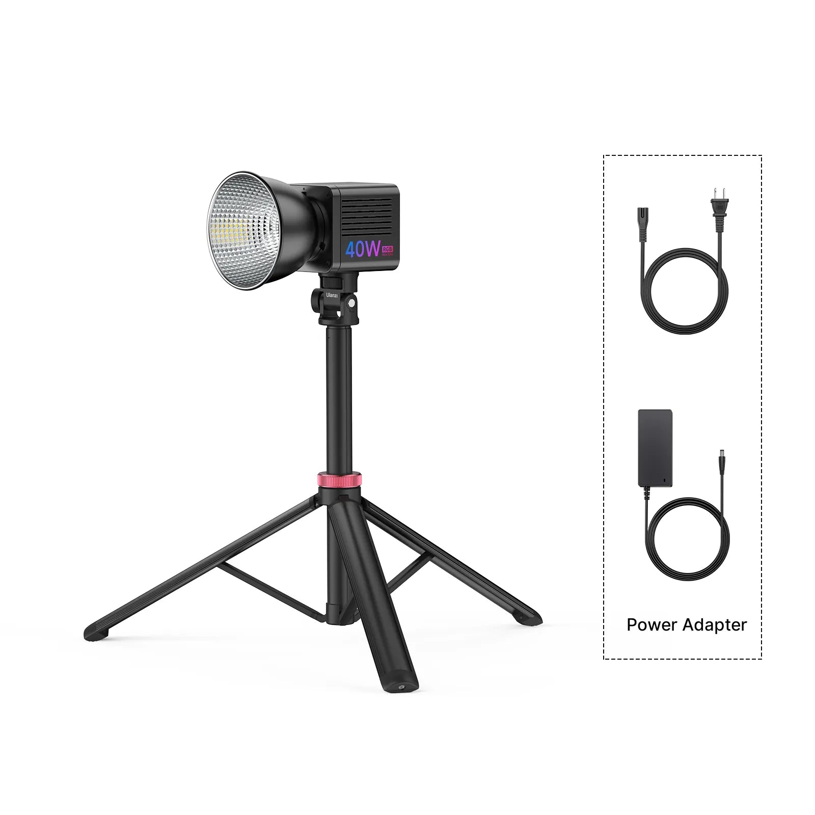 Ulanzi 40W RGB LED light on tripod with power adapter and charging cable.