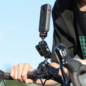 Ulanzi CO17 Super Clamp with Insta360 X3 on Bicycle - Black aluminum alloy.