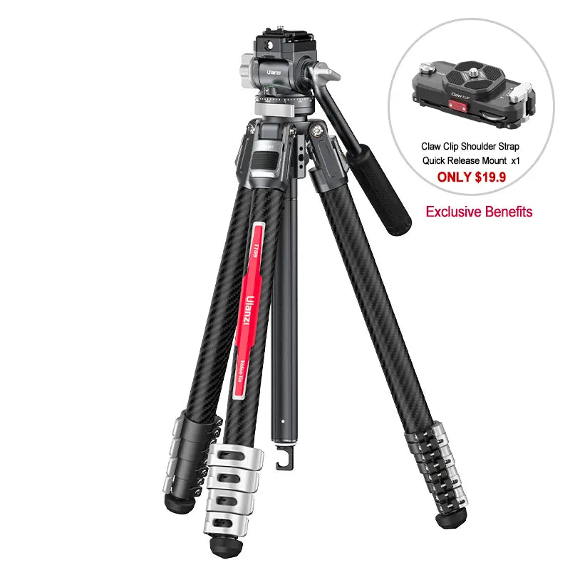 Ulanzi TT09 Carbon Fiber Tripod with Claw Clip Strap Quick Release mount and promo offer.