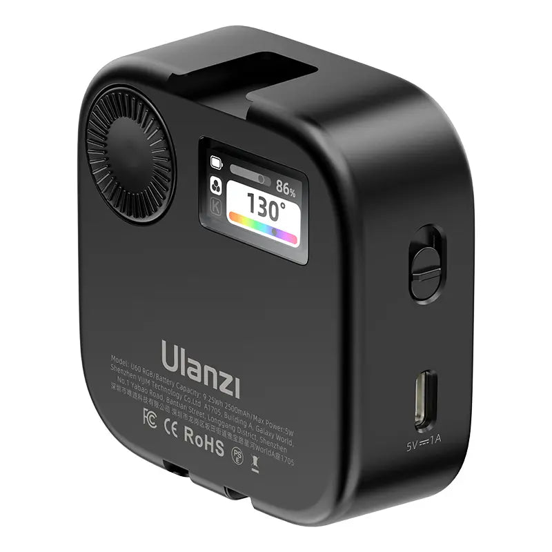 Ulanzi U60 compact RGB video light showcasing LCD display and charging port