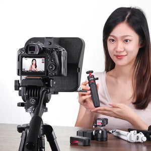 Ulanzi RT02 teleprompter setup with camera for video recording, woman using teleprompter.