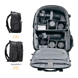 Ulanzi BP10 black hardshell camera backpack, expandable to 35L, with compartments for camera gear.