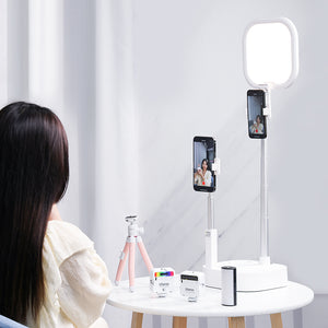 Ulanzi K14 LED Live Streaming Fill Light Stand setup with phone holders, ring light, and accessories.