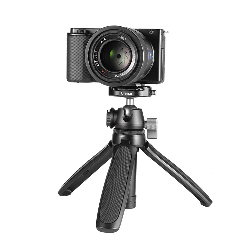 Ulanzi MT-46 tripod holding a camera with quick release head and rubber grip