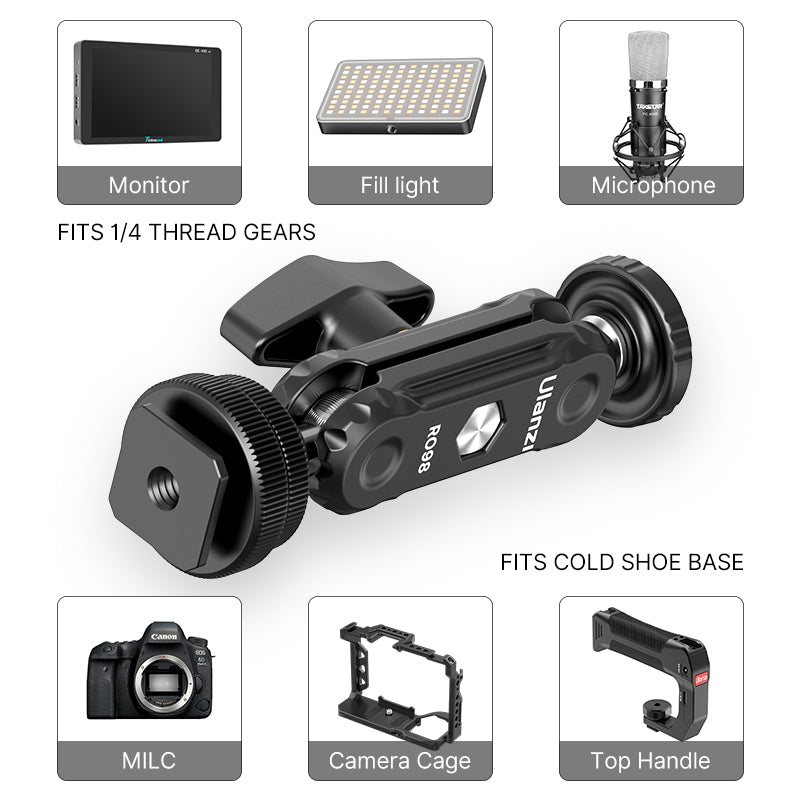 Ulanzi R098 Double Ball Head compatible with monitor, fill light, and microphone.