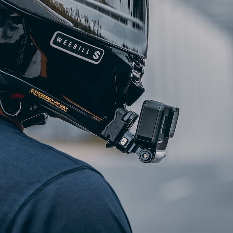 GoPro camera mounted on helmet with Falcam F22 Quick Release Plate for action shooting