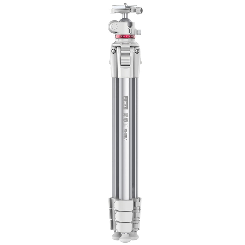 Collapsed Ulanzi Ombra YING Travel Tripod with compact silver design for portability.