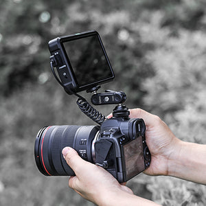 Ulanzi R098 Double Ball Head supporting monitor on DSLR camera, HDMI interface.