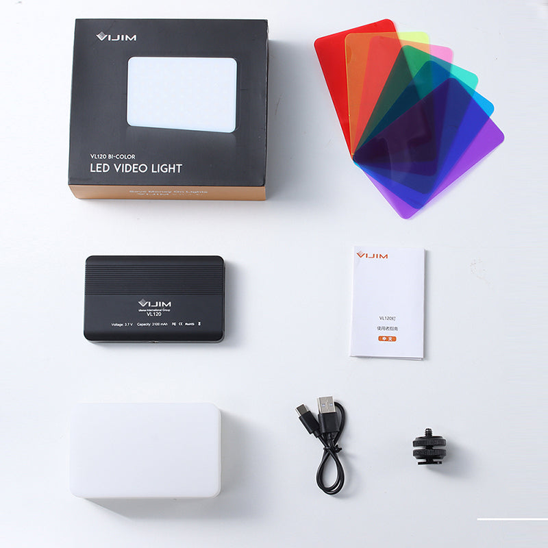 Ulanzi VIJIM VL120 Bi-Color LED Video Light with accessories and color filters for photography.