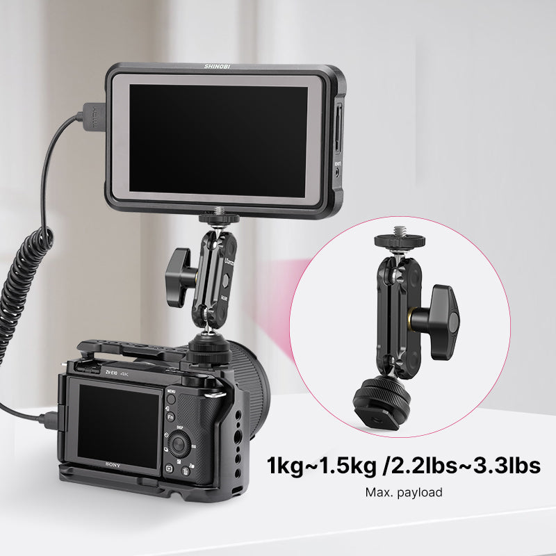 Ulanzi R098 Double Ball Head mounted on camera with monitor, showing 2.2-3.3 lbs with max payload.