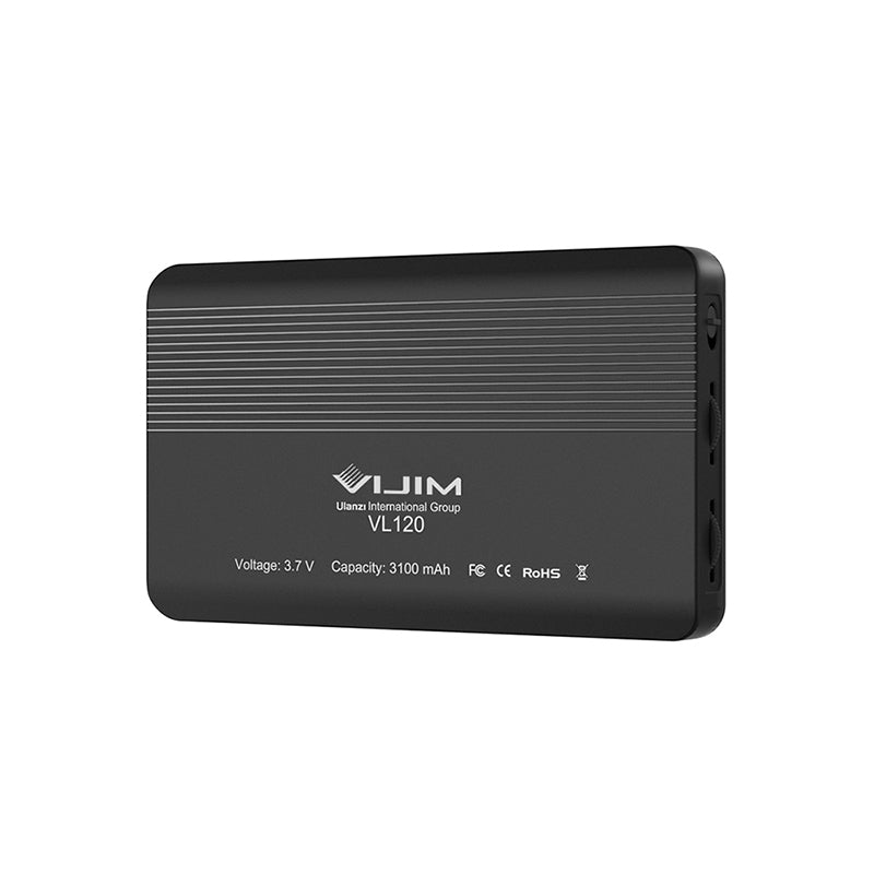 Ulanzi VIJIM VL120 Bi-Color LED Video Light back view with charging ports and specifications.