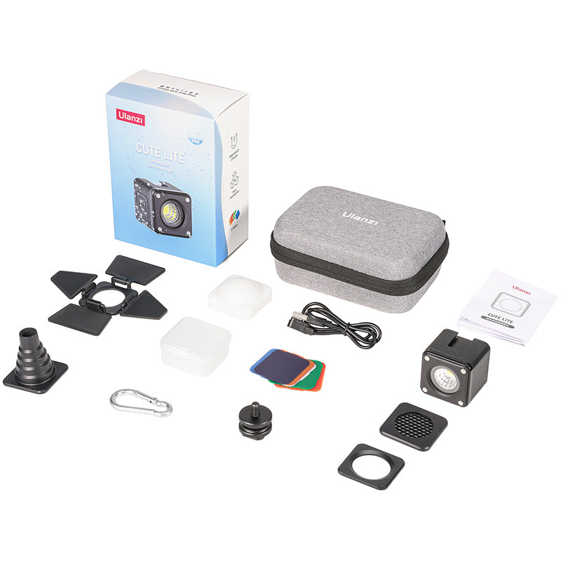 Ulanzi L2 Cute Lite LED Light set with case, USB cable, and color gels