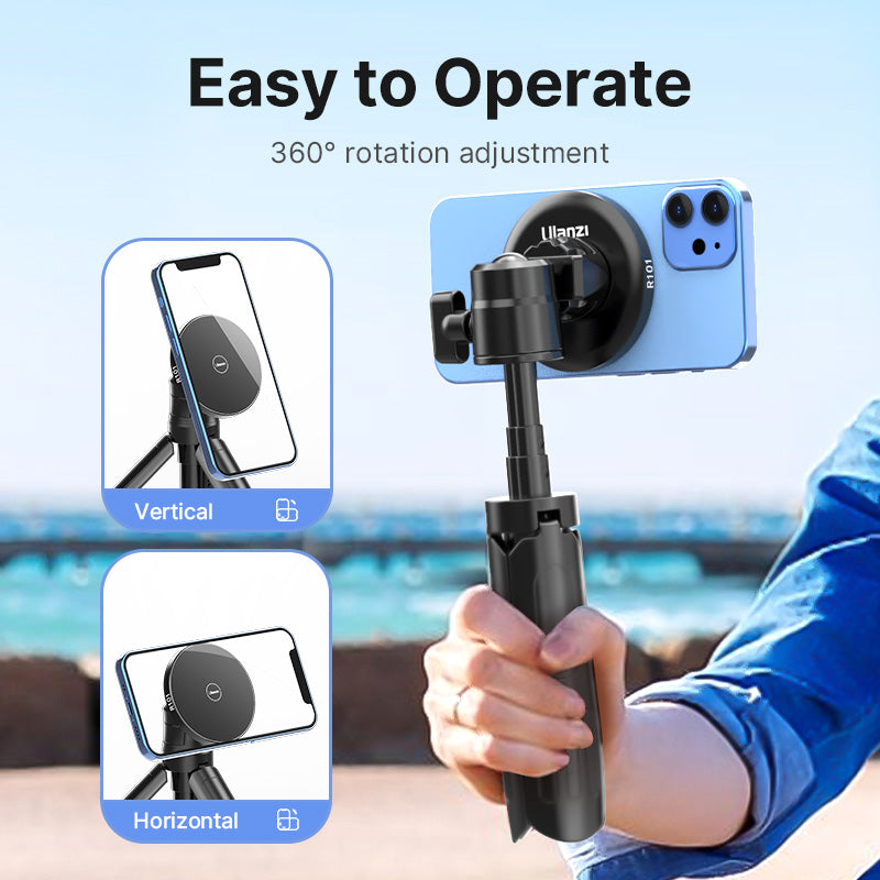 Ulanzi R101 magnetic mount on iPhone, demonstrating 360-degree rotation and ease of use.