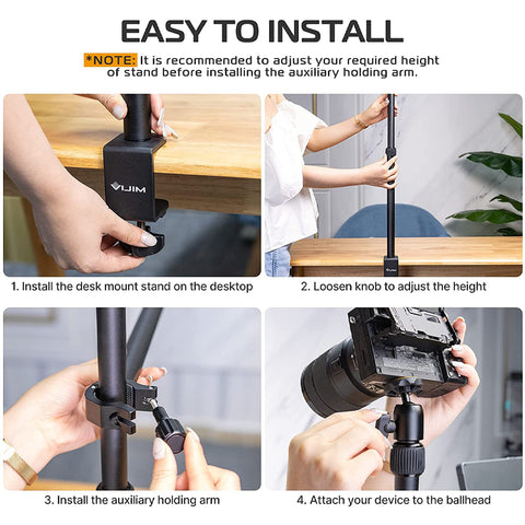 VIJIM LS02 Camera Desk Mount Stand with Auxiliary Holding Arm