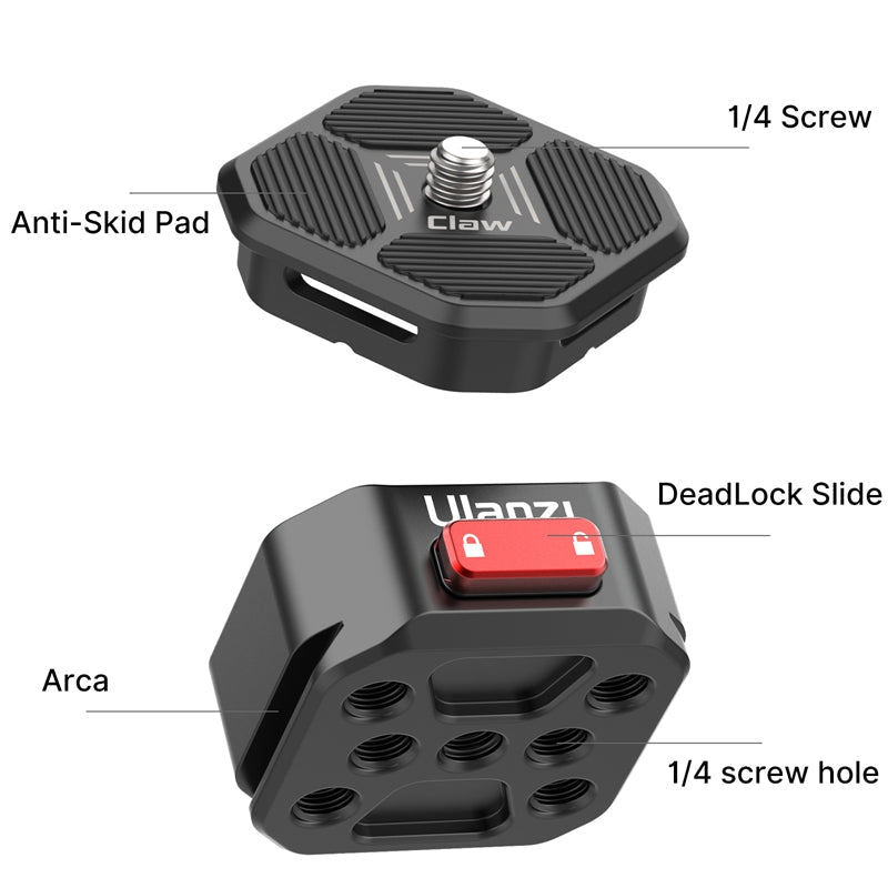 Ulanzi Claw Quick Release Plate showing anti-skid pad and DeadLock feature