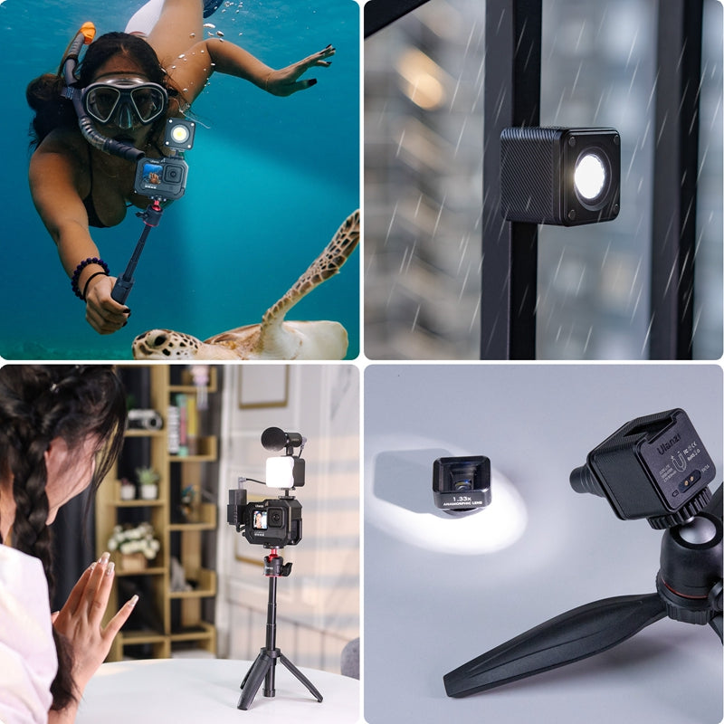 Ulanzi L2 LED light used underwater by a diver with a turtle