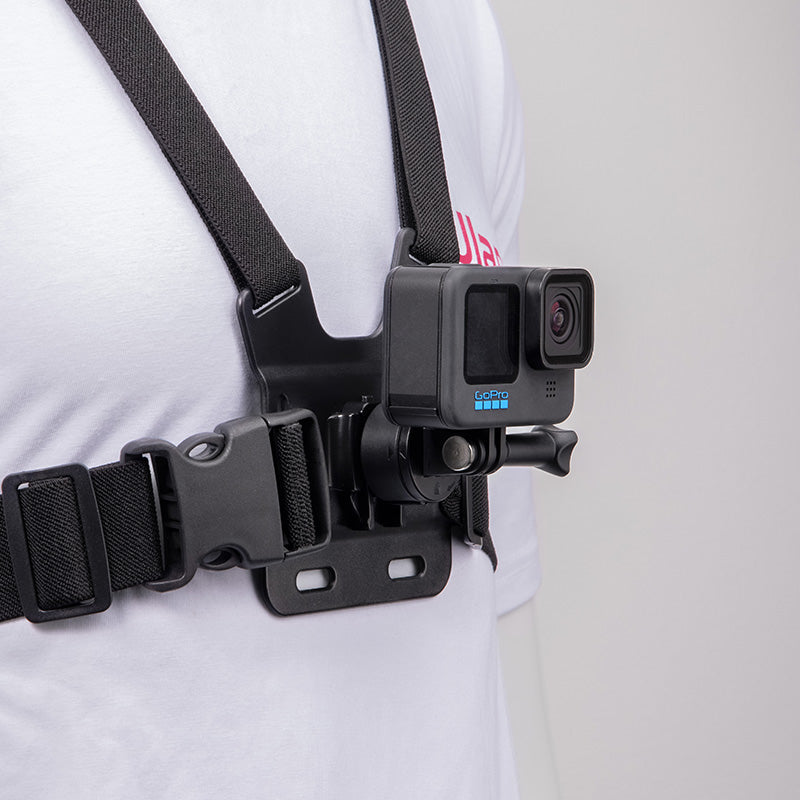 Ulanzi Go-Quick II Mount Adapter attached to a chest harness with a camera