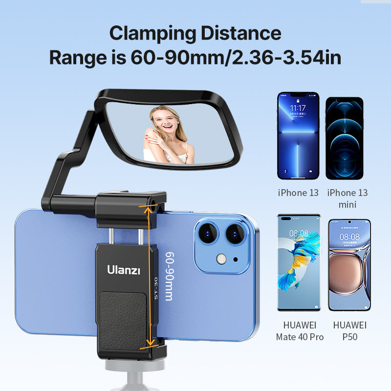 Ulanzi ST-30 phone clip showing clamping range 60-90mm with adjustable mirror.