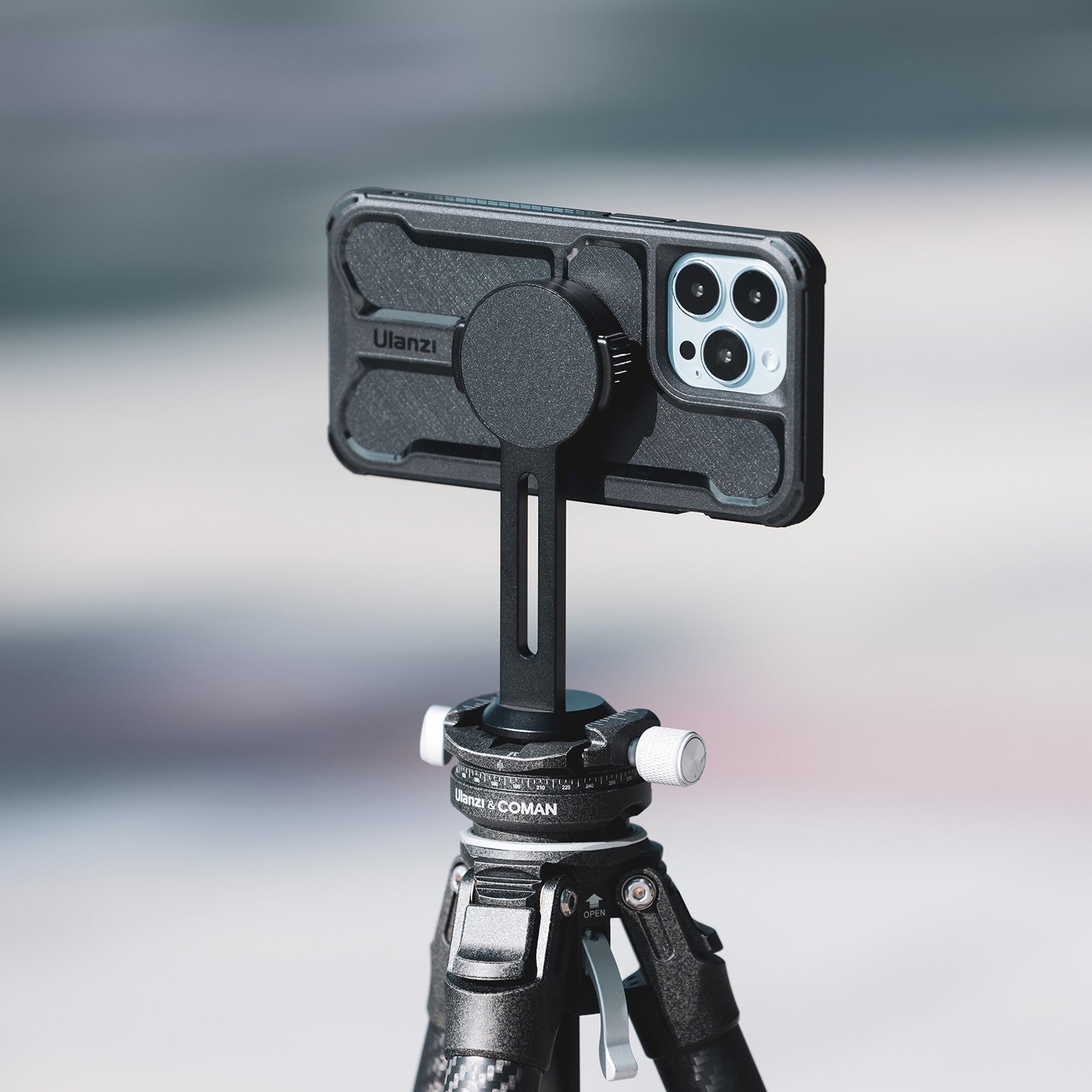 Smartphone on Ulanzi O-LOCK Arca Stand attached to tripod