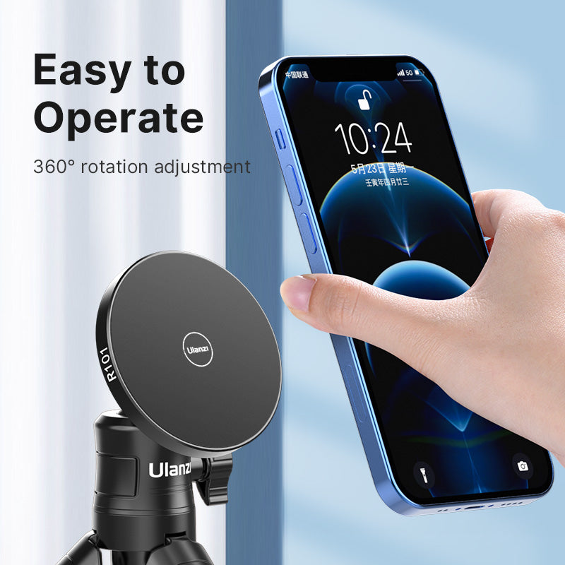 Hand adjusting Ulanzi R101 magnetic mount with iPhone for 360-degree rotation.