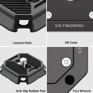 Falcam F38 Quick Release System: Detailed view showcasing lanyard hole, SN code, and anti-slip pad.