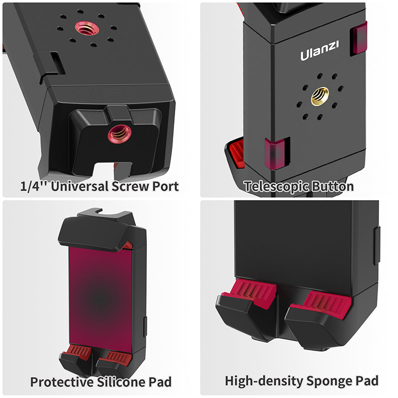 Ulanzi ST-29 smartphone tripod mount features including screw port and grip pads