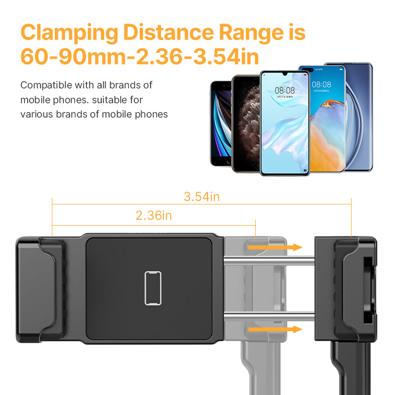 Ulanzi ST-30 phone clip showing clamping range of 60-90mm for various phones.