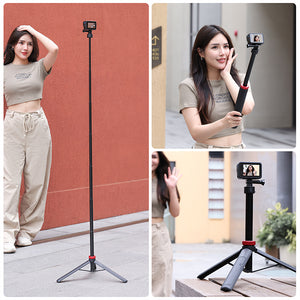 Ulanzi Go-Quick II 1.4m Extendable Tripod in use with action camera; black with red accents.
