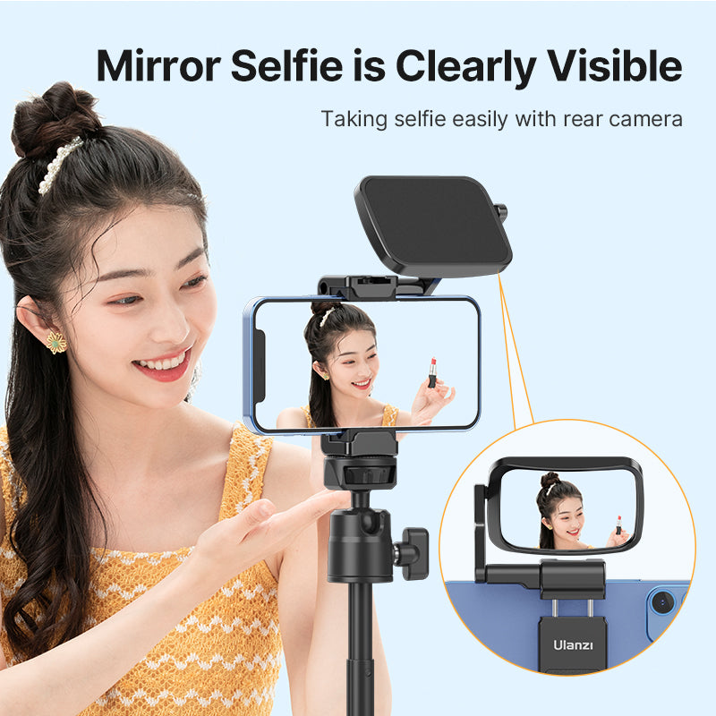 Woman taking a selfie with Ulanzi ST-30 phone clip and adjustable mirror.