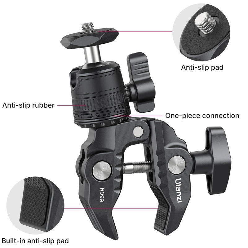 Ulanzi R099 Clamp Mount with anti-slip rubber, a one-piece connection for durability, and a built-in anti-slip pad for enhanced stability.