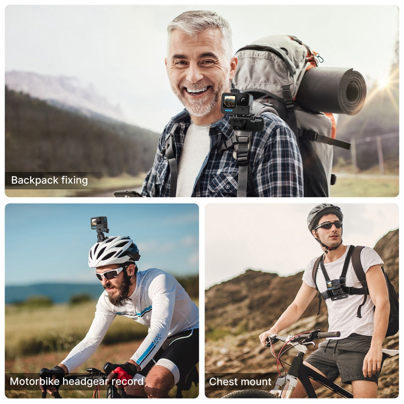 Ulanzi Go-Quick II Mount Adapter in action: backpack, motorbike, and chest mount setups.