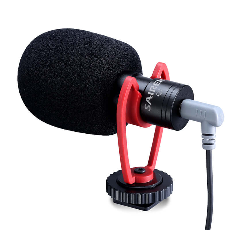 Ulanzi SAIREN VM-Q1 microphone with red shock mount and foam windscreen