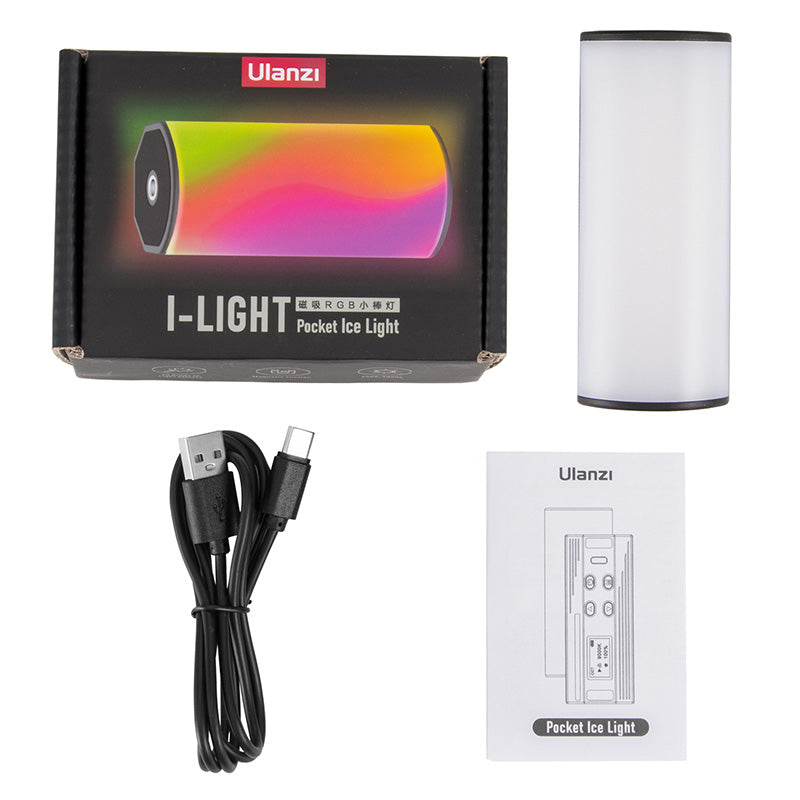 Ulanzi I-Light Pocket Ice Light, USB-C cable, and user manual in packaging.