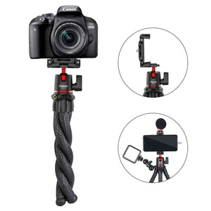 Ulanzi MT-11 Octopus Tripod holding a Canon DSLR camera, also holds smartphone and accessories.