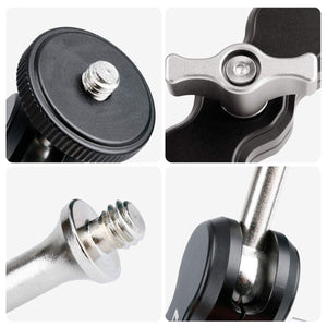 Ulanzi UURig R002 Magic Arm details: screws, ball joint. Compatible with DSLR cameras and monitors.